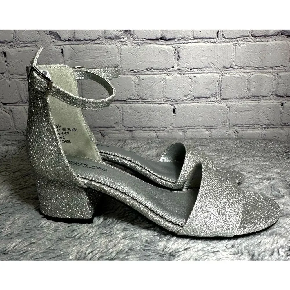 London Fog Nikki Silver Glitter Ankle Strap Block Heels 6.5M Bling Pumps Wedding